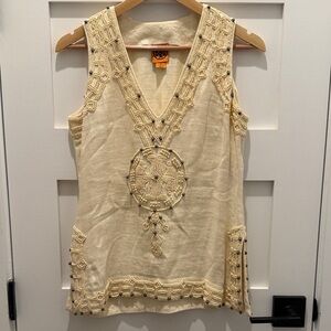 Tory Burch - Oversized Beaded V-Neck Tank - Yellow - 2